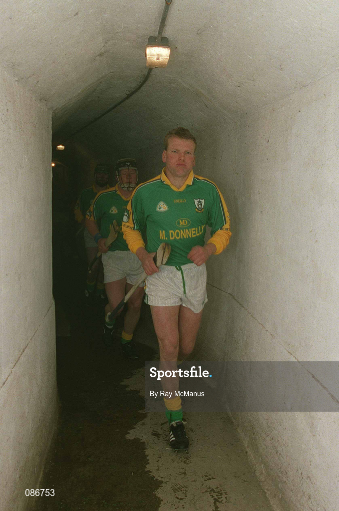 28 April 2002; Meath full back Paul Donnelly leads his team-mates to the pitch prior to the Guinness Leinster Senior Hurling Championship First Round match between Carlow and Meath at Dr Cullen Park in Carlow. Photo by Ray McManus/Sportsfile