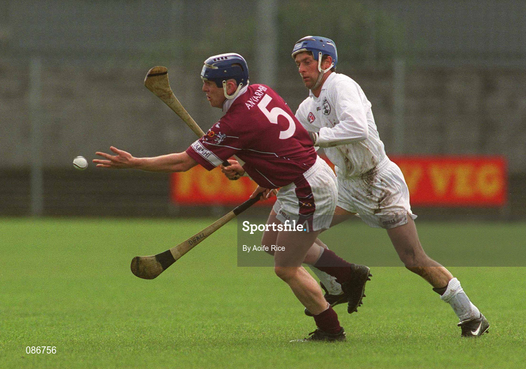 28 April 2002; Derek Gallagher of Westmeath in action against Joe Dempsey of Kildare during the Guinness Leinster Senior Hurling Championship First Round match between Westmeath and Kildare at Cusack Park in Mullingar, Westmeath. Photo by Aoife Rice/Sportsfile