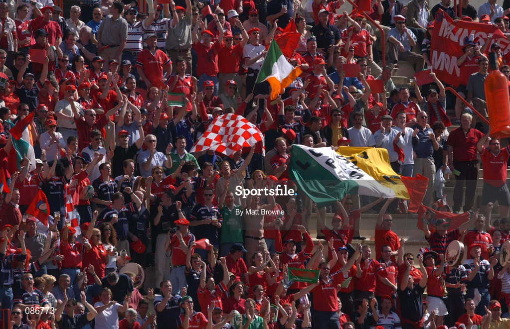 27 April 2002; Munster rugby fans celebrate after the Heineken European Cup Semi-Final match between Castres and Munster at Stade de la Mediterranie in Beziers, France. Photo by Matt Browne/Sportsfile