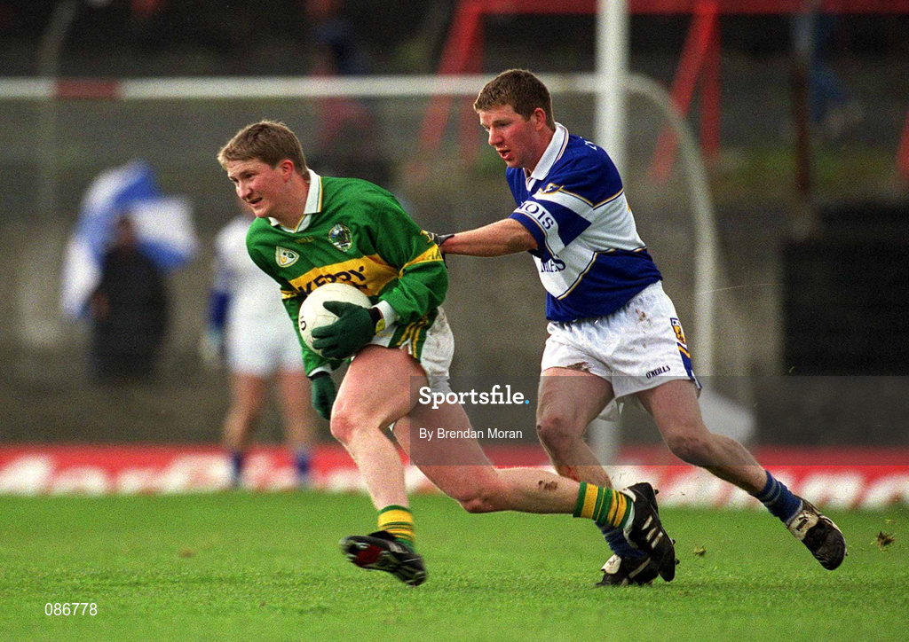 28 April 2002; Mike Frank Russell of Kerry in action against Paul McDonald of Laois during the Allianz National Football League Division 2 Final match between Kerry and Laois at the Gaelic Grounds in Limerick. Photo by Brendan Moran/Sportsfile