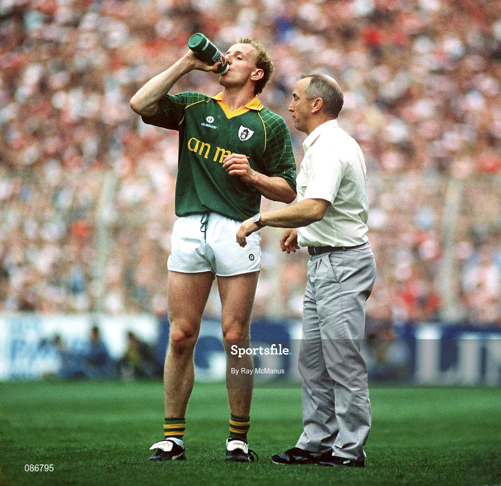 16 September 1990; Meath manager Sean Boylan, right, speaking with Martin O'Connell during the All-Ireland Senior Football Championship Final match between Cork and Meath at Croke Park in Dublin. Photo by Ray McManus/Sportsfile