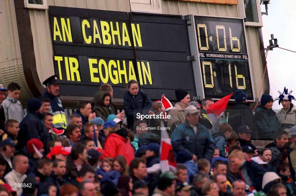 28 April 2002; The scoreboard during the closing stages of the Allianz National Football League Division 1 Final match between Tyrone and Cavan at St Tiernach's Park in Clones, Monaghan. Photo by Damien Eagers/Sportsfile