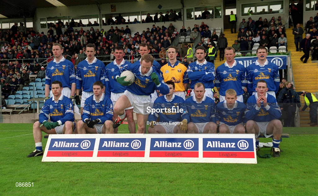 28 April 2002; Cavan captain Anthony Forde jumps up from the team photograph prior to the Allianz National Football League Division 1 Final match between Tyrone and Cavan at St Tiernach's Park in Clones, Monaghan. Photo by Damien Eagers/Sportsfile