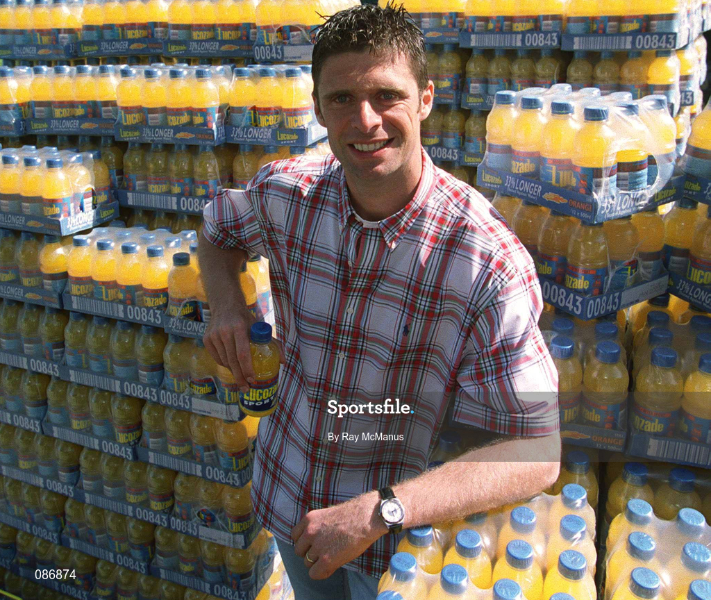 30 April 2002; Republic of Ireland International Niall Quinn at Lansdowne Road when a consignment of Lucozade Sport stocks was dispatched to Japan and Korea in time for the 2002 FIFA World Cup. Photo by Ray McManus/Sportsfile