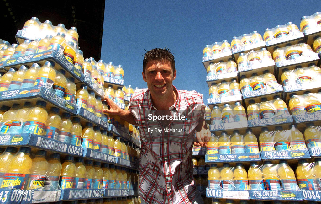 30 April 2002; Republic of Ireland International Niall Quinn at Lansdowne Road when a consignment of Lucozade Sport stocks was dispatched to Japan and Korea in time for the 2002 FIFA World Cup. Photo by Ray McManus/Sportsfile