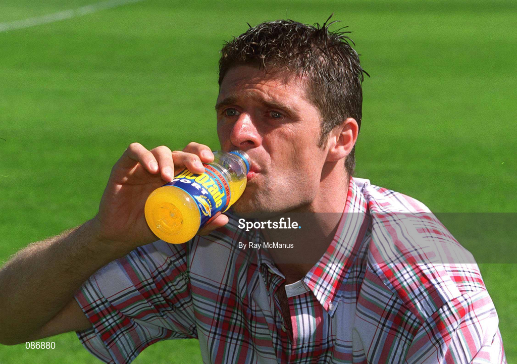 30 April 2002; Republic of Ireland International Niall Quinn at Lansdowne Road when a consignment of Lucozade Sport stocks was dispatched to Japan and Korea in time for the 2002 FIFA World Cup. Photo by Ray McManus/Sportsfile