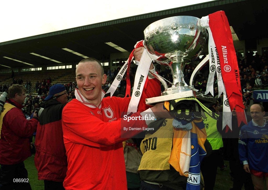 28 April 2002; Tyrone goalkeeper Peter Ward celebrates with the cup after the Allianz National Football League Division 1 Final match between Tyrone and Cavan at St Tiernach's Park in Clones, Monaghan. Photo by Damien Eagers/Sportsfile