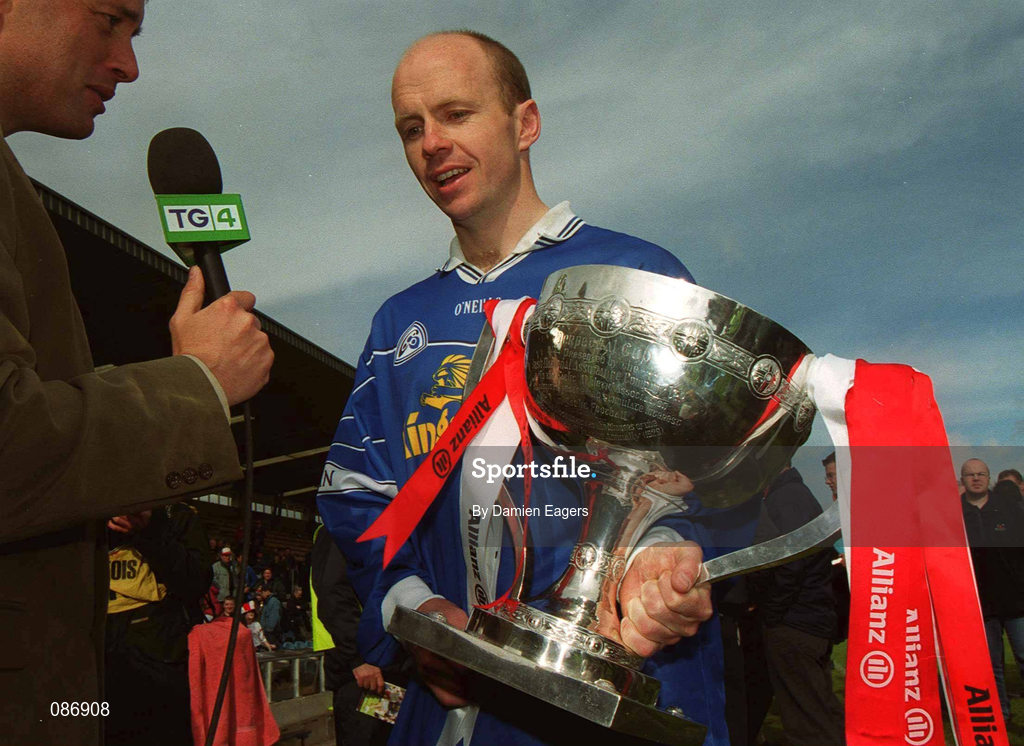 28 April 2002; Tyrone captain Peter Canavan, wearing a Cavan jersey, is interviewed by TG4 after the Allianz National Football League Division 1 Final match between Tyrone and Cavan at St Tiernach's Park in Clones, Monaghan. Photo by Damien Eagers/Sportsfile