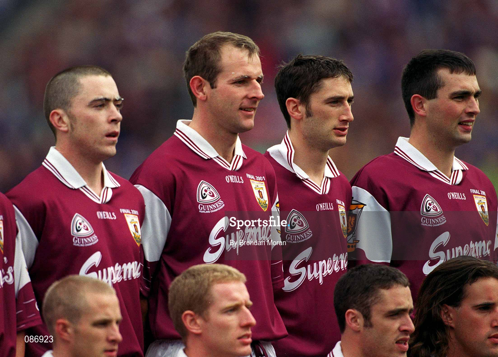 9 September 2001; Joe Rabitte, second from left, alongside his Galway team-mates as they stand for the team photo prior to the Guinness All-Ireland Senior Hurling Championship Final match between Tipperary and Galway at Croke Park in Dublin. Photo by Brendan Moran/Sportsfile