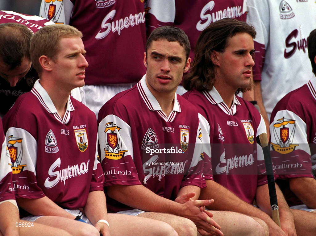 9 September 2001; Galway players, from left, Ollie Canning, Alan Kerins, and David Tierney pose for the team photograph prior to the Guinness All-Ireland Senior Hurling Championship Final match between Tipperary and Galway at Croke Park in Dublin. Photo by Brendan Moran/Sportsfile