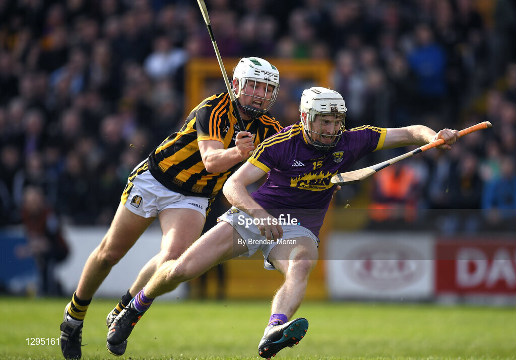 2 April 2017; David Dunne of Wexford is tackled by Padraig Walsh of Kilkenny, resulting in a penalty for Wexford, during the Allianz Hurling League Division 1 Quarter-Final match between Kilkenny and Wexford at Nowlan Park in Kilkenny. Photo by Brendan Moran/Sportsfile