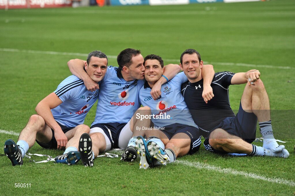 18 September 2011; Dublin players left to right, Paul Brogan, Declan Lally, Bernard Brogan and Denis Bastick celebrate after the game. GAA Football All-Ireland Senior Championship Final, Kerry v Dublin, Croke Park, Dublin. Picture credit: David Maher / SPORTSFILE