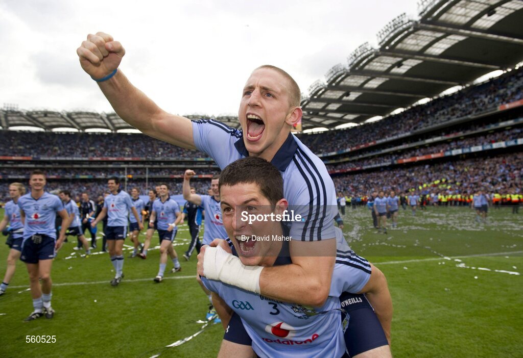 18 September 2011; Dublin's Eoghan O'Gara, top, and Rory O'Carroll, celebrate at the end of the game. GAA Football All-Ireland Senior Championship Final, Kerry v Dublin, Croke Park, Dublin. Picture credit: David Maher / SPORTSFILE