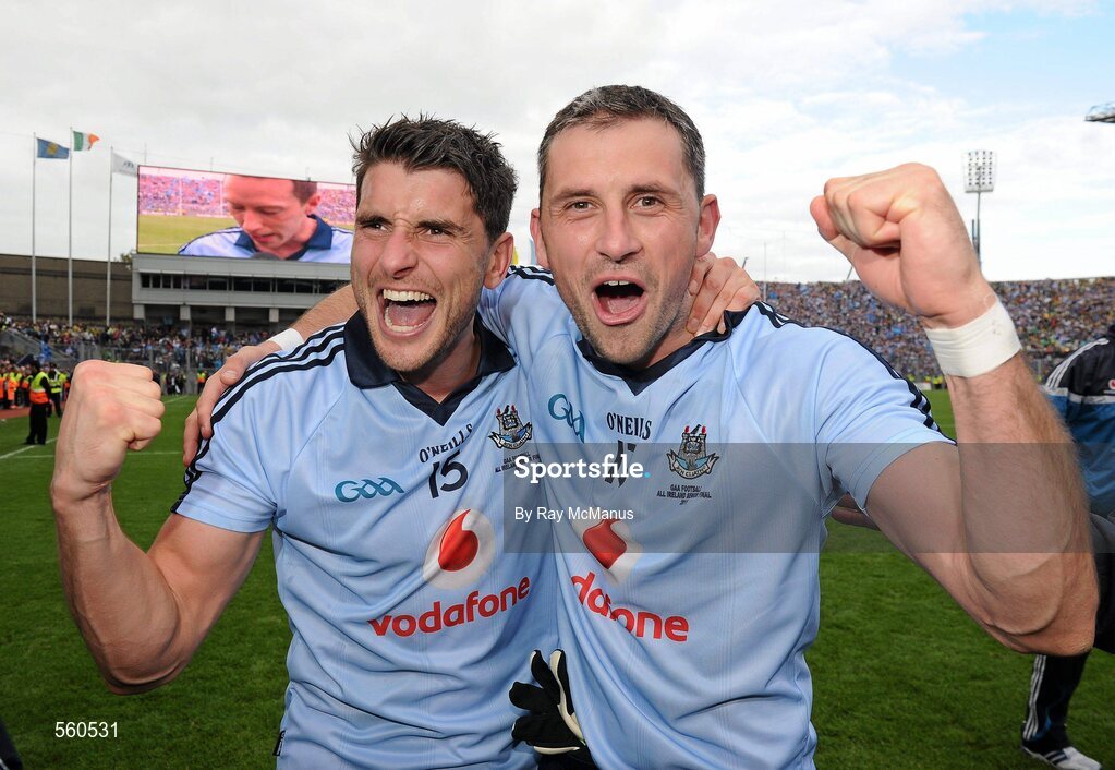 18 September 2011; Bernard and Alan Brogan, Dublin, celebrate victory after the game. GAA Football All-Ireland Senior Championship Final, Kerry v Dublin, Croke Park, Dublin. Picture credit: Ray McManus /  SPORTSFILE