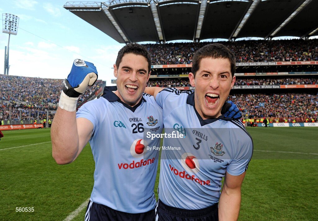 18 September 2011; Ross McConnell, left, and Rory O'Carroll, Dublin, celebrate victory after the game. GAA Football All-Ireland Senior Championship Final, Kerry v Dublin, Croke Park, Dublin. Picture credit: Ray McManus /  SPORTSFILE
