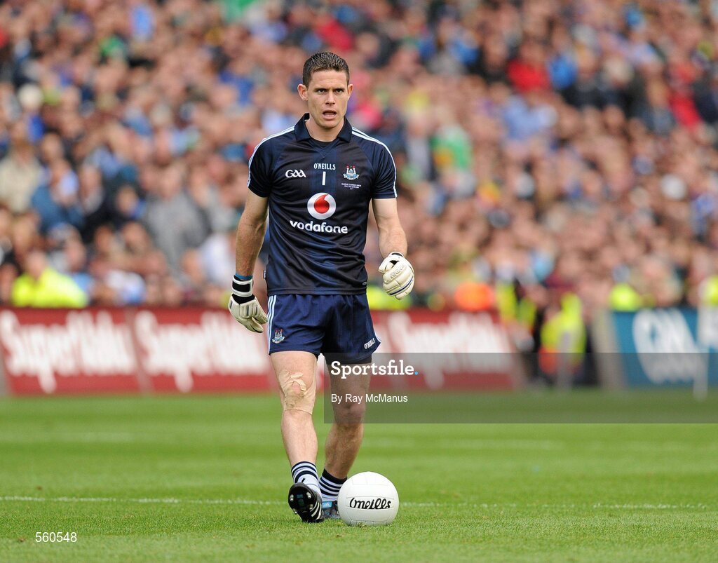 18 September 2011; Dublin goalkeeper Stephen Cluxton steps back as he prepares to shoot the winning point. GAA Football All-Ireland Senior Championship Final, Kerry v Dublin, Croke Park, Dublin. Picture credit: Ray McManus / SPORTSFILE