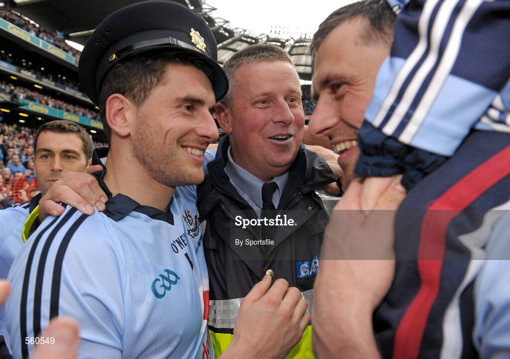 18 September 2011; Bernard Brogan, left, and Alan Brogan, Dublin, celebrate with former Dublin manager Paul Caffrey after the game. GAA Football All-Ireland Senior Championship Final, Kerry v Dublin, Croke Park, Dublin. Photo by Sportsfile