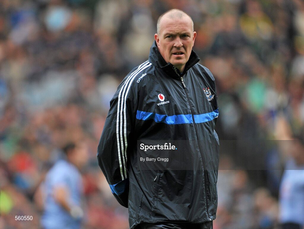 18 September 2011; Dublin manager Pat Gilroy looks at his players warming up before the game. GAA Football All-Ireland Senior Championship Final, Kerry v Dublin, Croke Park, Dublin. Picture credit: Barry Cregg / SPORTSFILE