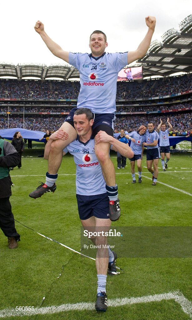 18 September 2011; Kevin McManamon, top, Dublin, celebrates with team-mate Paul Brogan at the end of the game. GAA Football All-Ireland Senior Championship Final, Kerry v Dublin, Croke Park, Dublin. Picture credit: David Maher / SPORTSFILE