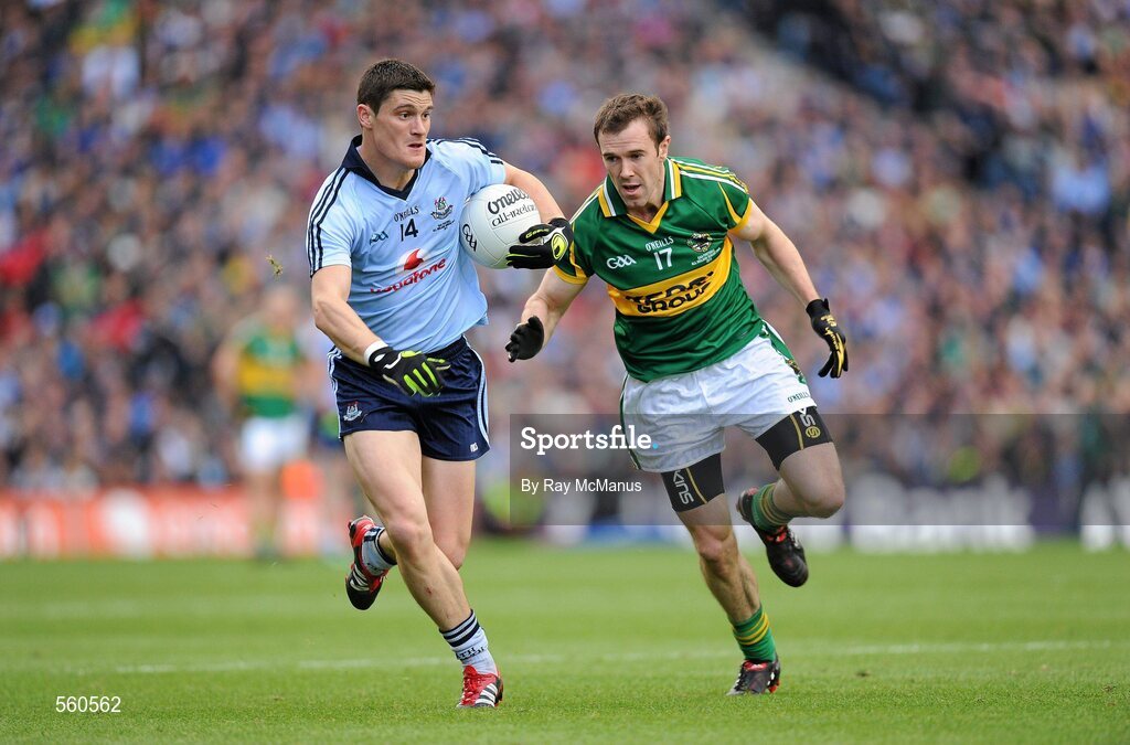 18 September 2011; Diarmuid Connolly, Dublin, in action against Daniel Bohan, Kerry. GAA Football All-Ireland Senior Championship Final, Kerry v Dublin, Croke Park, Dublin. Picture credit: Ray McManus / SPORTSFILE