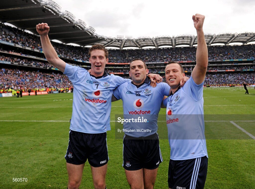 18 September 2011; Dublin players, from left, Kevin Nolan, Paul Casey and Paul Conlon celebrate victory after the game. GAA Football All-Ireland Senior Championship Final, Kerry v Dublin, Croke Park, Dublin. Picture credit: Stephen McCarthy / SPORTSFILE
