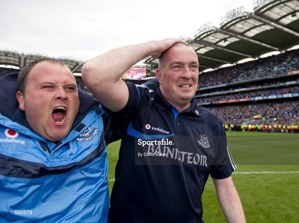 18 September 2011; Dublin manager Pat Gilroy and supporter Stephen Molloy celebrate at the end of the game. GAA Football All-Ireland Senior Championship Final, Kerry v Dublin, Croke Park, Dublin. Picture credit: David Maher / SPORTSFILE