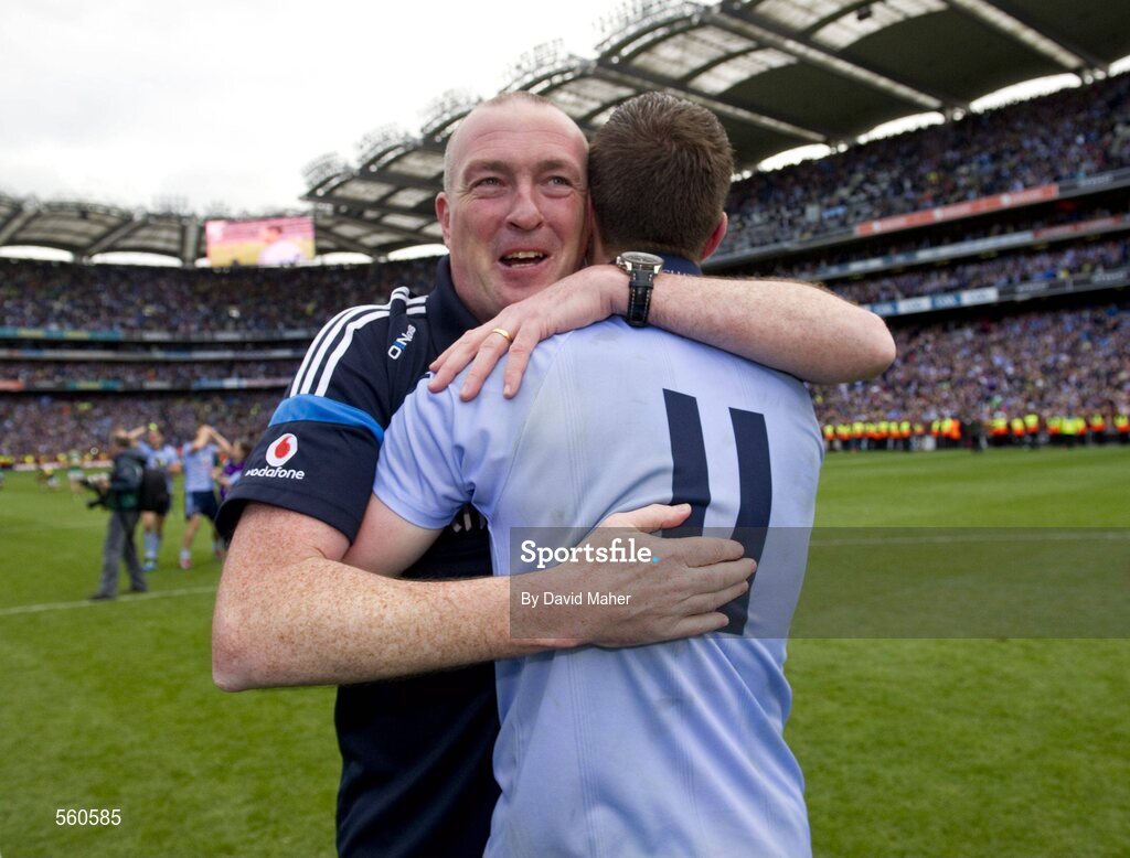 18 September 2011; Pat Gilroy, Dublin manager, celebrates with Barry Cahill at the end of the game. GAA Football All-Ireland Senior Championship Final, Kerry v Dublin, Croke Park, Dublin. Picture credit: David Maher / SPORTSFILE