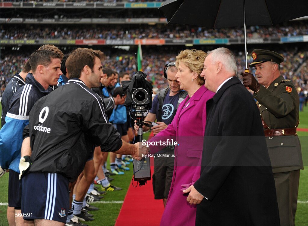 18 September 2011; President of Ireland Mary McAleese, accompanied by Uachtarán CLG Criostóir Ó Cuana, is introduced to Dublin Captain Bryan Cullen before the game. GAA Football All-Ireland Senior Championship Final, Kerry v Dublin, Croke Park, Dublin. Picture credit: Ray McManus / SPORTSFILE