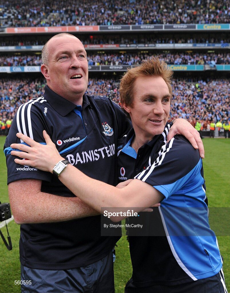18 September 2011; Dublin manager Pat Gilroy and Paul Griffin celebrate their side's victory. GAA Football All-Ireland Senior Championship Final, Kerry v Dublin, Croke Park, Dublin. Picture credit: Stephen McCarthy / SPORTSFILE