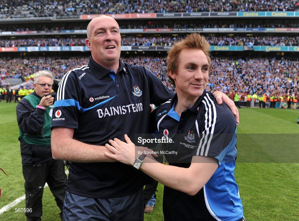 18 September 2011; Dublin manager Pat Gilroy and Paul Griffin celebrate their side's victory. GAA Football All-Ireland Senior Championship Final, Kerry v Dublin, Croke Park, Dublin. Picture credit: Stephen McCarthy / SPORTSFILE