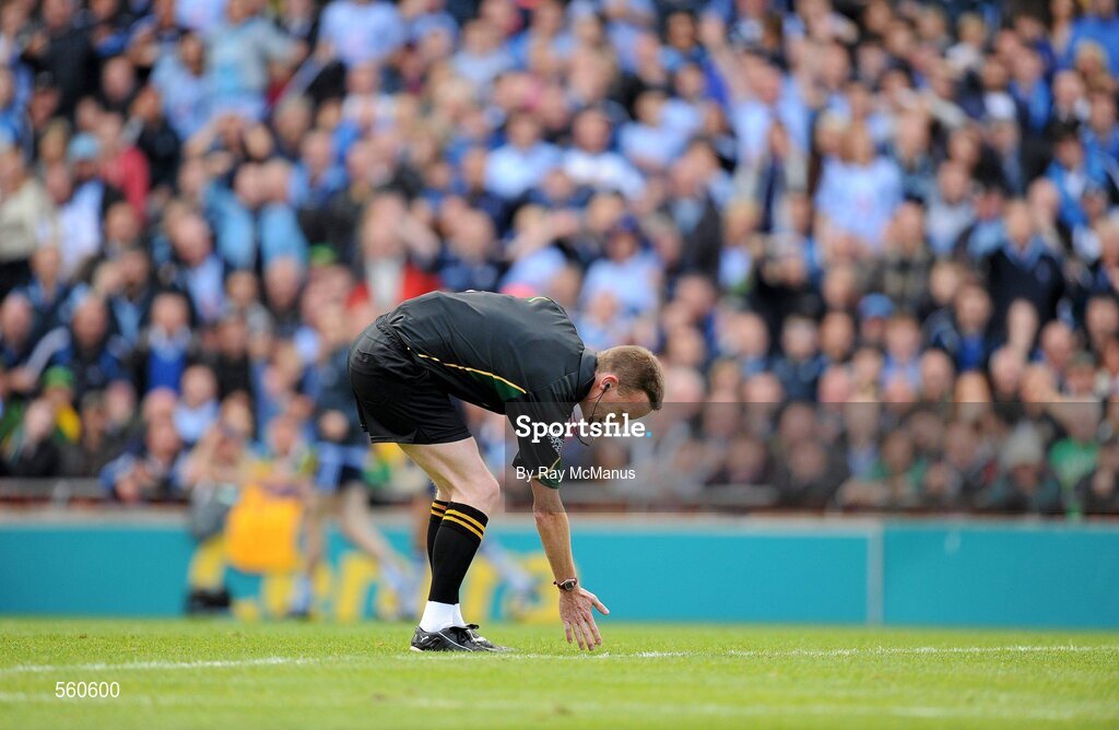 18 September 2011; Match referee Joe McQuillan indicates why he had awarded a free to Dublin. GAA Football All-Ireland Senior Championship Final, Kerry v Dublin, Croke Park, Dublin. Picture credit: Ray McManus / SPORTSFILE