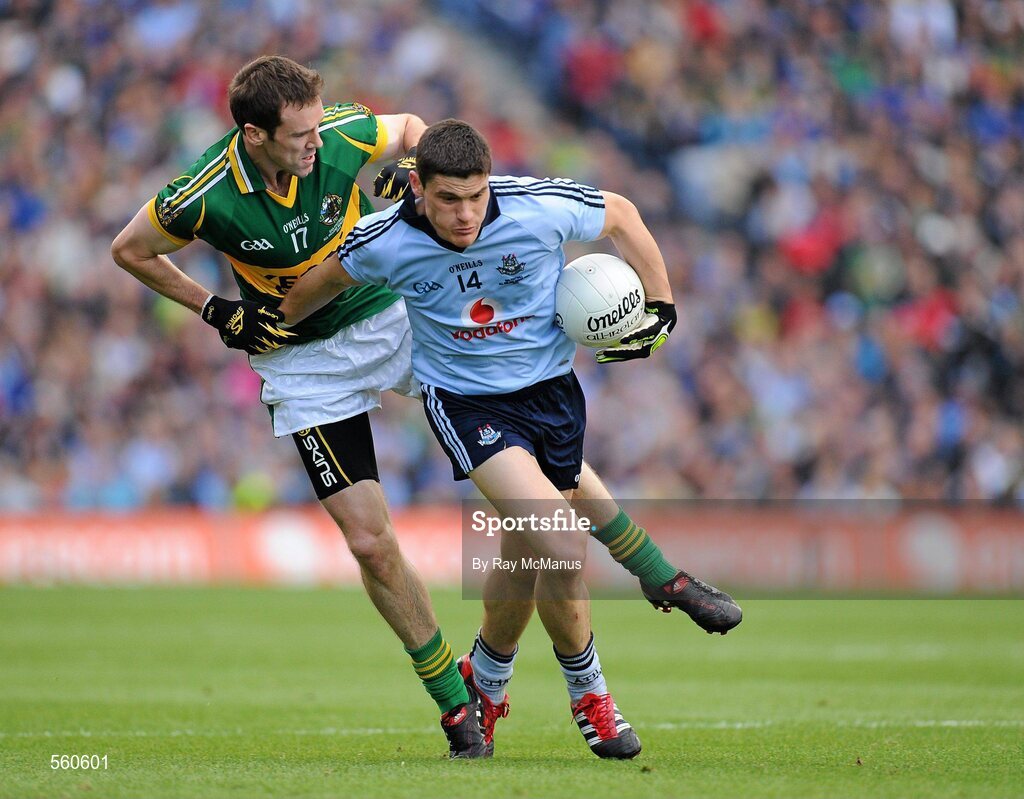 18 September 2011; Diarmuid Connolly, Dublin, in action against Daniel Bohan, Kerry. GAA Football All-Ireland Senior Championship Final, Kerry v Dublin, Croke Park, Dublin. Picture credit: Ray McManus / SPORTSFILE