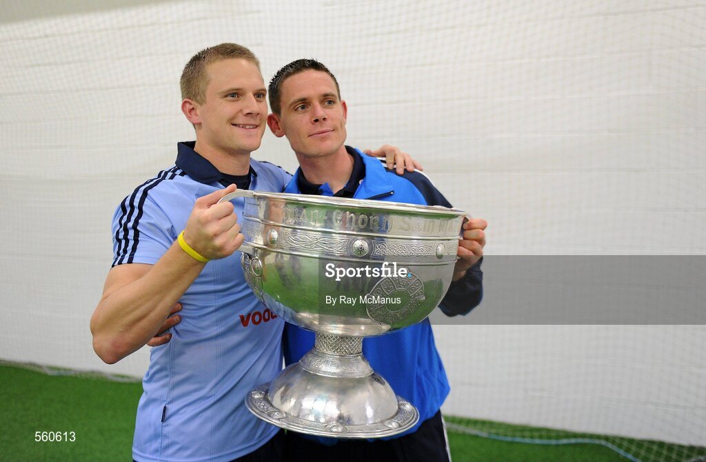 18 September 2011; Dublin players Tomas Quinn, left, and Stephen Cluxton celebrate with the Sam maguire Cup in the dressing room after the game. GAA Football All-Ireland Senior Championship Final, Kerry v Dublin, Croke Park, Dublin. Picture credit: Ray McManus / SPORTSFILE