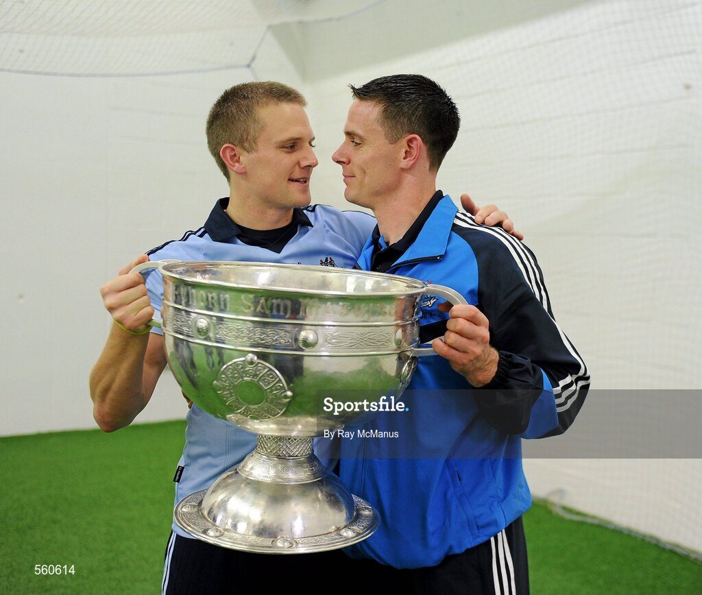 18 September 2011; Dublin players Tomas Quinn and Stephen Cluxton celebrates with the Sam maguire Cup in the dressing room after the game. GAA Football All-Ireland Senior Championship Final, Kerry v Dublin, Croke Park, Dublin. Picture credit: Ray McManus / SPORTSFILE