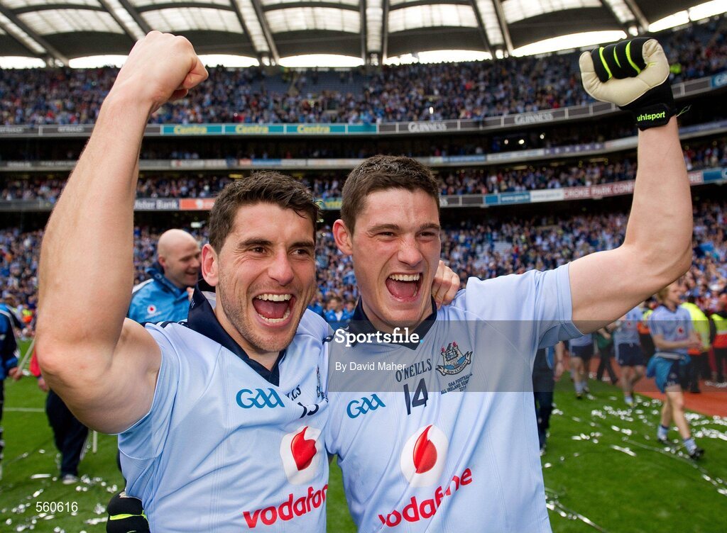 18 September 2011; Bernard Brogan, left celebrates with Diarmuid Connolly, Dublin, at the end of the game. GAA Football All-Ireland Senior Championship Final, Kerry v Dublin, Croke Park, Dublin. Picture credit: David Maher / SPORTSFILE