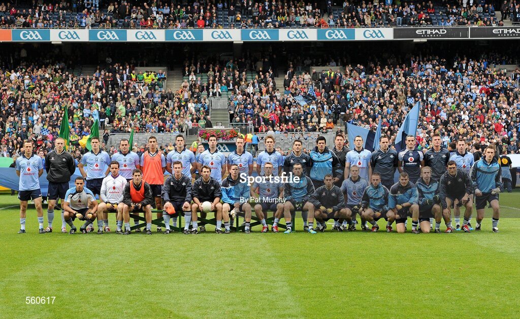 18 September 2011; The Dublin squad, back row, left to right, Paul Conlon, Eoghan OGara, Diarmuid Connolly, Paul Casey, James McCarthy, Ross McConnell, Michael Darragh Macauley, Barry Cahill, Michael Fitzsimons, Bernard Brogan, Cian OSullivan, Éamon Fennell, Denis Bastick, Declan Lally, Paul Brogan, Michael McCarthy, and Philip McMahon, front row, left to right, Craig Dias, Ger Brennan, Rory OCarroll, Kevin Nolan, Bryan Cullen, Stephen Cluxton, Paul Flynn, Alan Brogan, David Henry, Tomás Quinn, Dean Kelly, Kevin McManamon, Seán Murray, Ross OCarroll, and Michael Savage.. GAA Football All-Ireland Senior Championship Final, Kerry v Dublin, Croke Park, Dublin. Picture credit: Pat Murphy / SPORTSFILE