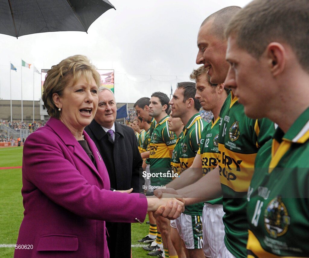 18 September 2011; President of Ireland Mary McAleese, accompanied by Uachtarán CLG Criostóir Ó Cuana, is introduced to Kerry's Kieran Donaghy before the game. GAA Football All-Ireland Senior Championship Final, Kerry v Dublin, Croke Park, Dublin. Photo by Sportsfile