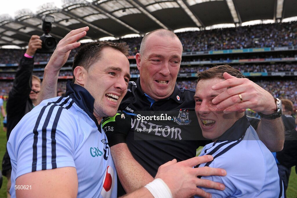 18 September 2011; Dublin manager Pat Gilroy with Declan Lally and Michael Fitzsimons, right, celebrate their side's victory. GAA Football All-Ireland Senior Championship Final, Kerry v Dublin, Croke Park, Dublin. Picture credit: Stephen McCarthy / SPORTSFILE