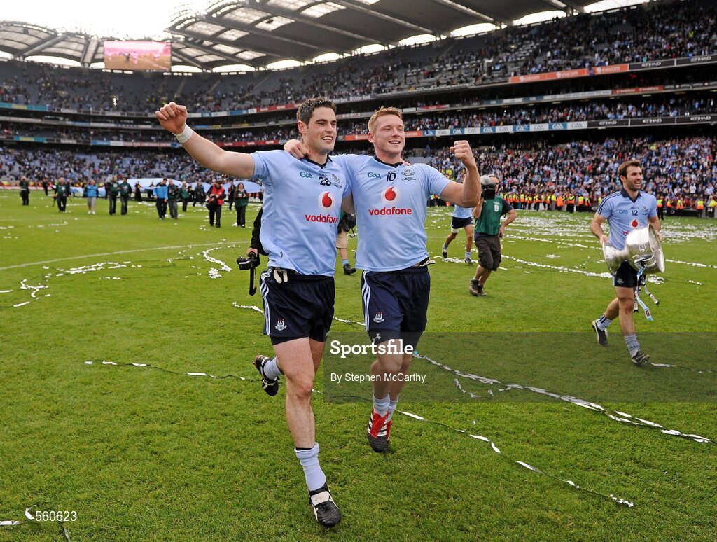 18 September 2011; Dublin players Ross McConnell, left, and Paul Flynn celebrate their side's victory. GAA Football All-Ireland Senior Championship Final, Kerry v Dublin, Croke Park, Dublin. Picture credit: Stephen McCarthy / SPORTSFILE