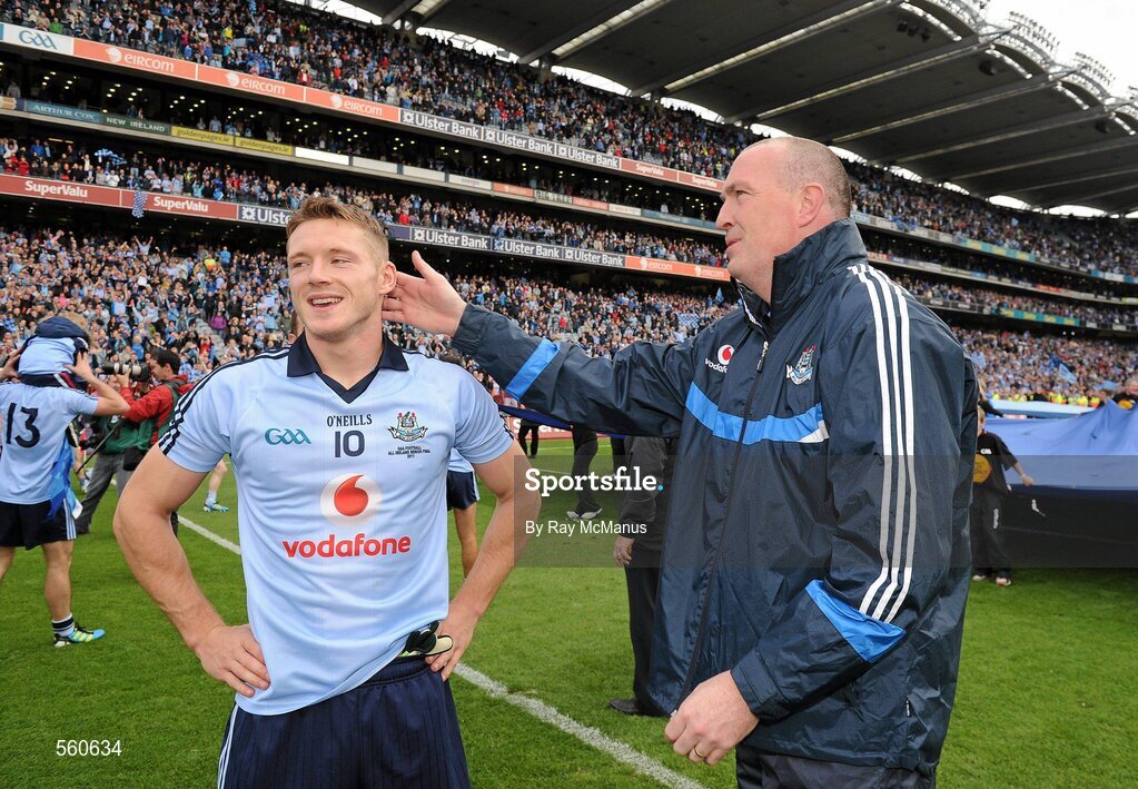 18 September 2011; Dublin manager Pat Gilroy and Paul Flynn after the game. GAA Football All-Ireland Senior Championship Final, Kerry v Dublin, Croke Park, Dublin. Picture credit: Ray McManus / SPORTSFILE