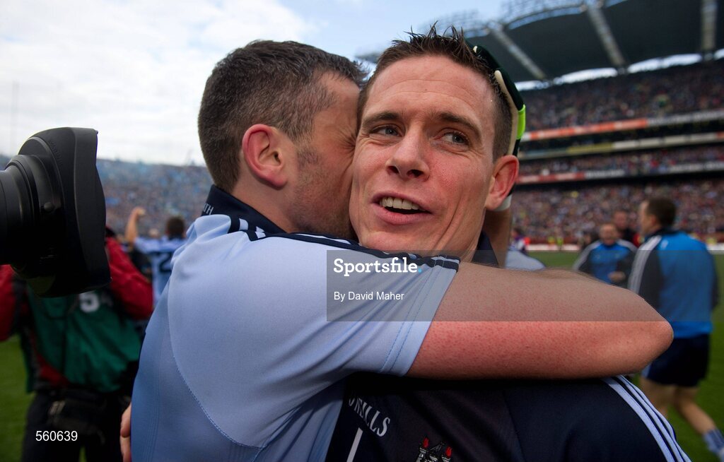 18 September 2011; Stephen Cluxton, right, Dublin's winning point scorer, celebrates at the end of the game with Alan Brogan. GAA Football All-Ireland Senior Championship Final, Kerry v Dublin, Croke Park, Dublin. Picture credit: David Maher / SPORTSFILE