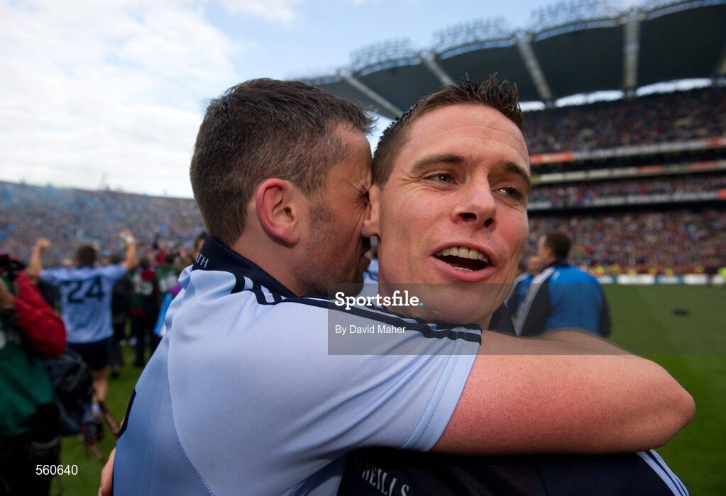 18 September 2011; Stephen Cluxton, right, Dublin's winning point scorer, celebrates at the end of the game with Alan Brogan. GAA Football All-Ireland Senior Championship Final, Kerry v Dublin, Croke Park, Dublin. Picture credit: David Maher / SPORTSFILE