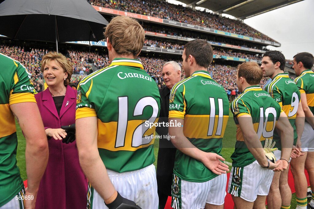 18 September 2011; President of Ireland Mary McAleese, accompanied by Uachtarán CLG Criostóir Ó Cuana, is introduced to the Kerry team before the game. GAA Football All-Ireland Senior Championship Final, Kerry v Dublin, Croke Park, Dublin. Picture credit: David Maher / SPORTSFILE