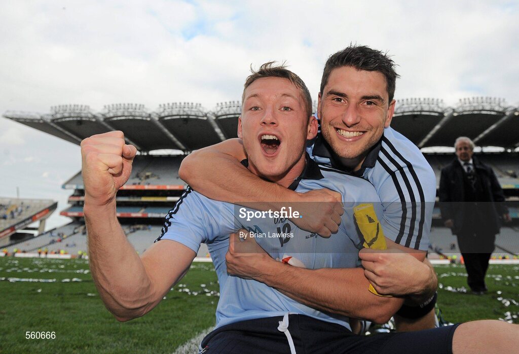 18 September 2011; Dublin's Paul Flynn celebrates with team-mate Bernard Brogan after the match. GAA Football All-Ireland Senior Championship Final, Kerry v Dublin, Croke Park, Dublin. Picture credit: Brian Lawless / SPORTSFILE