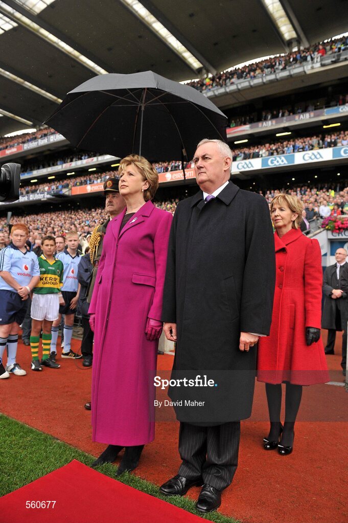 18 September 2011; President of Ireland Mary McAleese, accompanied by Uachtarán CLG Criostóir Ó Cuana before meeting the two teams. GAA Football All-Ireland Senior Championship Final, Kerry v Dublin, Croke Park, Dublin. Picture credit: David Maher / SPORTSFILE