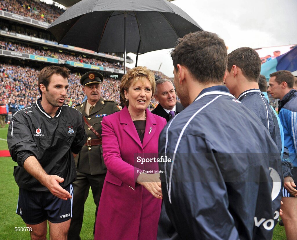18 September 2011; President of Ireland Mary McAleese, accompanied by Uachtarán CLG Criostóir Ó Cuana, is introduced to the Dublin team, by captain Bryan Cullen, before the game. GAA Football All-Ireland Senior Championship Final, Kerry v Dublin, Croke Park, Dublin. Picture credit: David Maher / SPORTSFILE