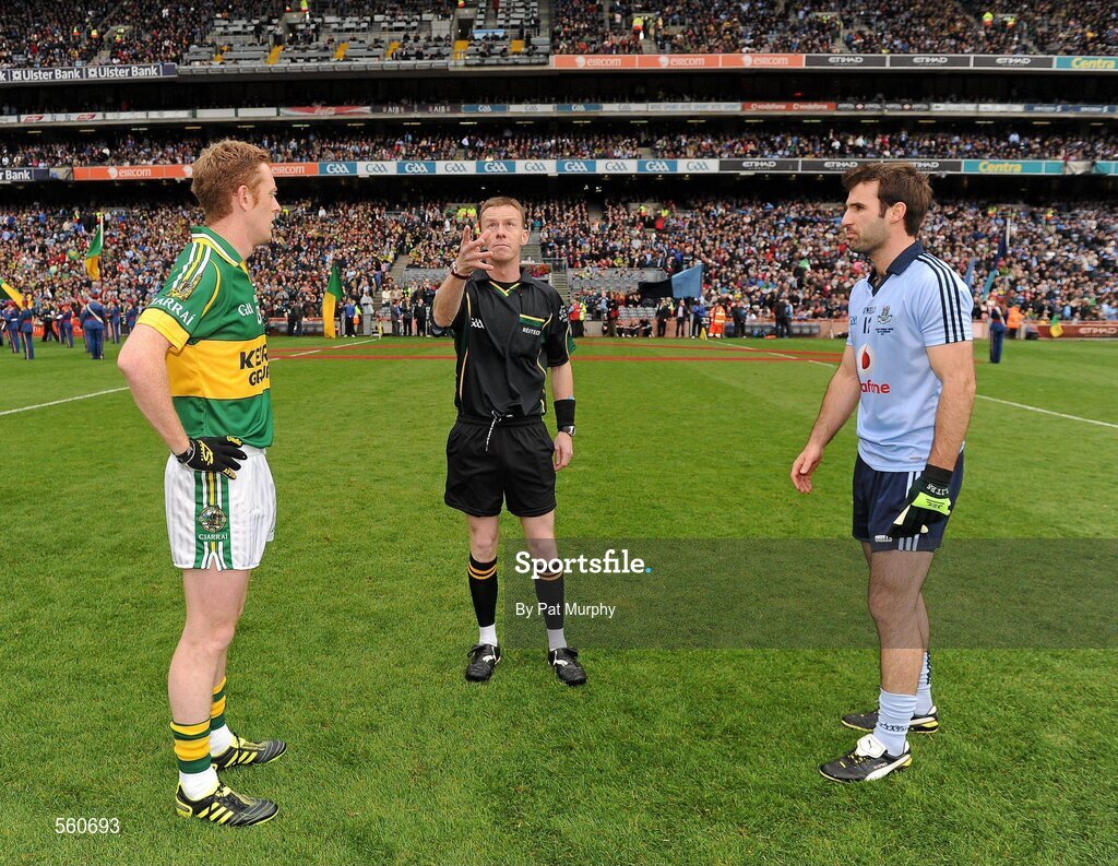 18 September 2011; Referee Joe McQuillan tosses the coin between Kerry captain Colm Cooper, left, and Dublin captain Bryan Cullen before the game. GAA Football All-Ireland Senior Championship Final, Kerry v Dublin, Croke Park, Dublin. Picture credit: Pat Murphy / SPORTSFILE