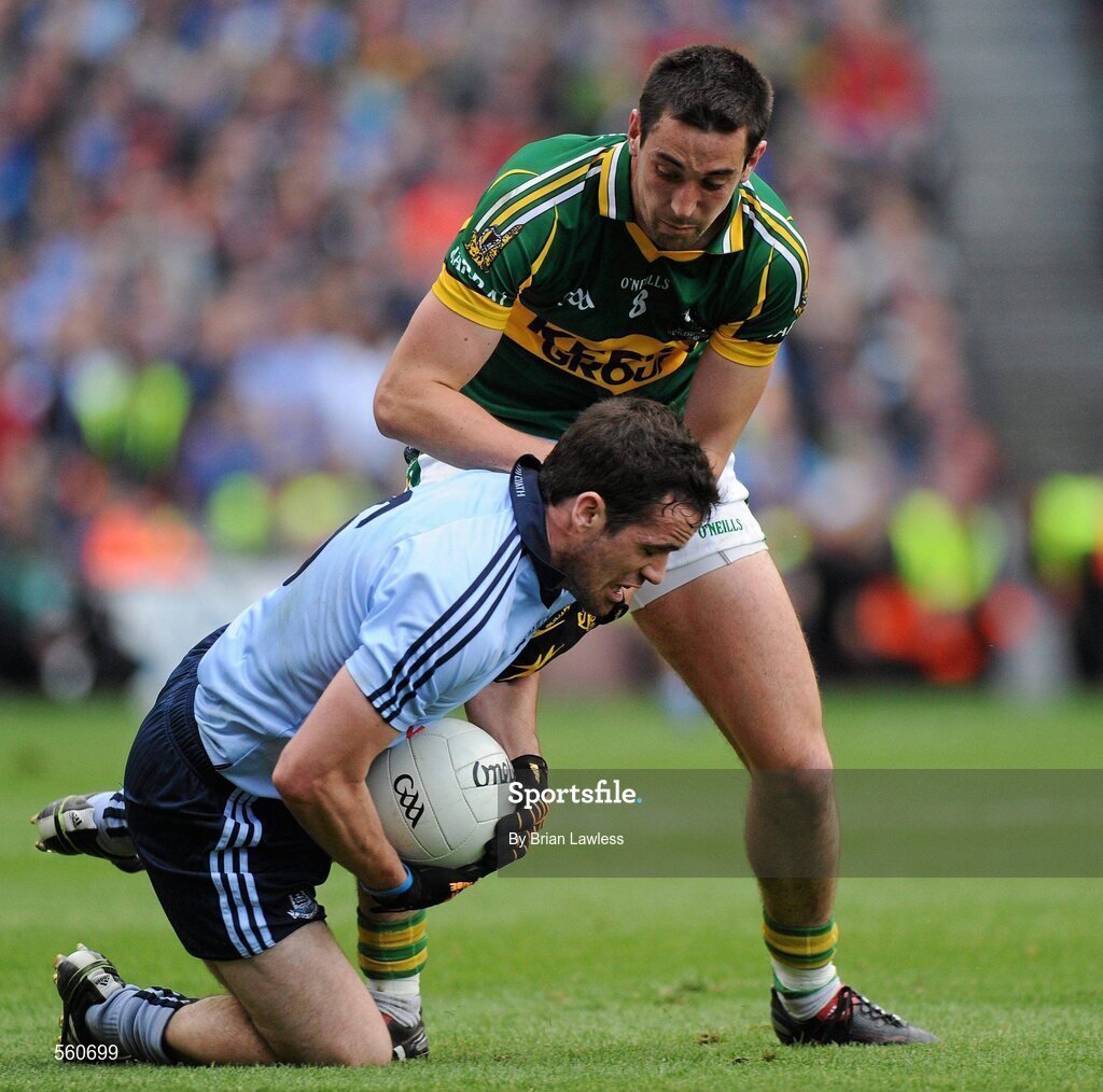 18 September 2011; Ger Brennan, Dublin, in action against Anthony Maher, Kerry. GAA Football All-Ireland Senior Championship Final, Kerry v Dublin, Croke Park, Dublin. Picture credit: Brian Lawless / SPORTSFILE