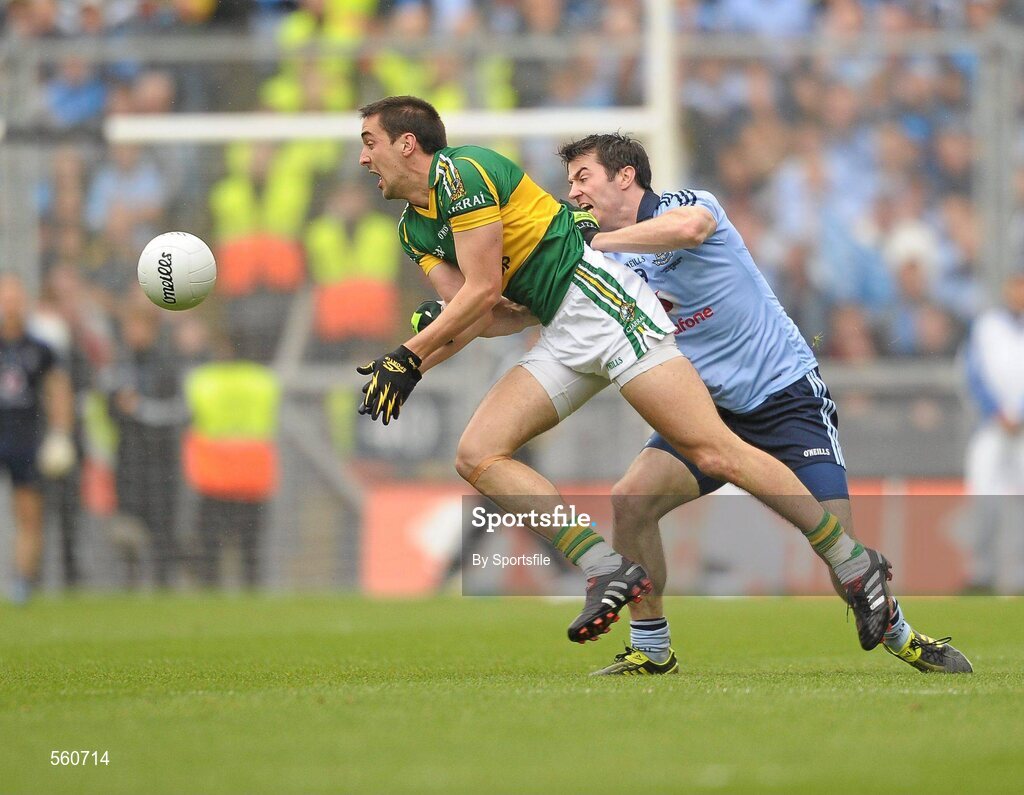 18 September 2011; Anthony Maher, Kerry, in action against Michael Darragh MacAuley, Dublin. GAA Football All-Ireland Senior Championship Final, Kerry v Dublin, Croke Park, Dublin. Photo by Sportsfile