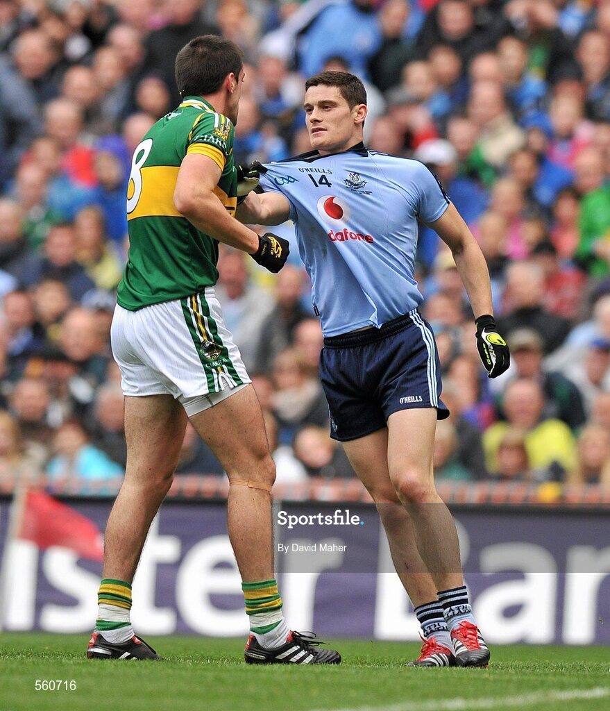 18 September 2011; Anthony Maher, Kerry, and Diarmuid Connolly, Dublin, confront each other. GAA Football All-Ireland Senior Championship Final, Kerry v Dublin, Croke Park, Dublin. Picture credit: David Maher / SPORTSFILE